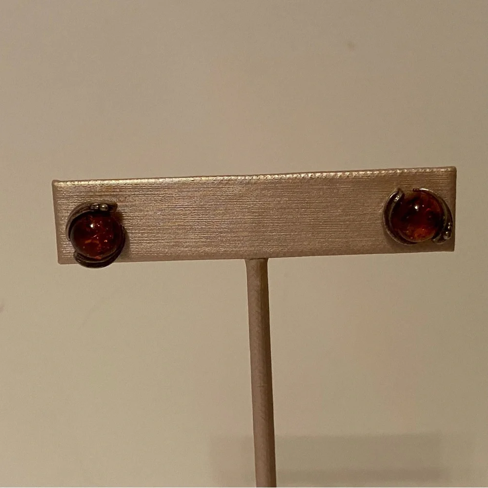 EARRINGS AMBER STERLING SILVER 925 POST STUD PIERCED ROUND 2.5 g